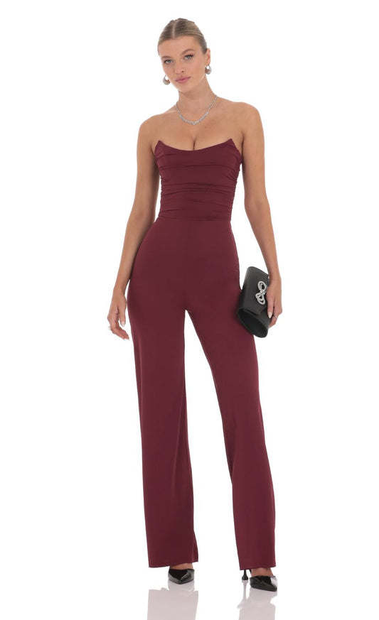 Lucy In The Sky Strapless Pointed Corset Jumpsuit in Burgundy