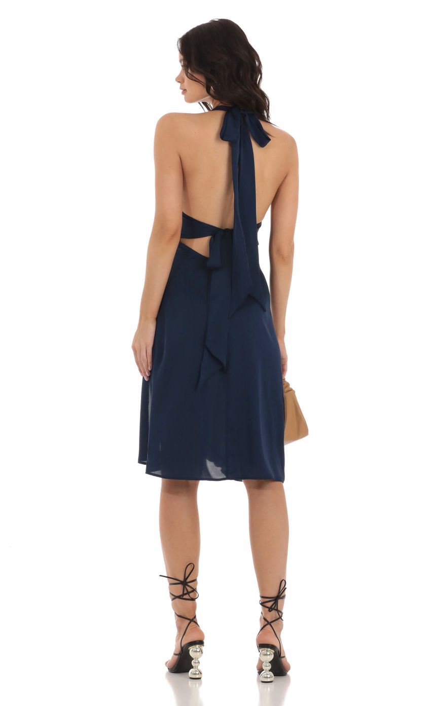 Lucy In The Sky Satin Ruffle Slit Dress in Navy