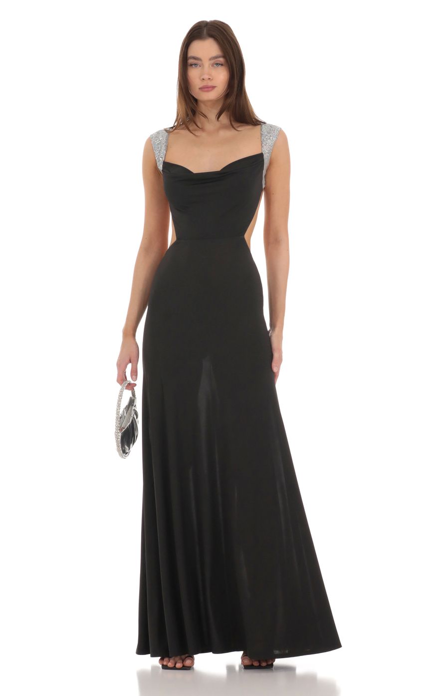 Lucy In The Sky Silver Sequin Open Back Cowl Neck Dress in Black