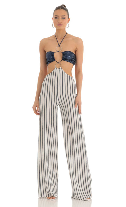 Lucy In The Sky Sequin Halter Striped Jumpsuit in White and Navy