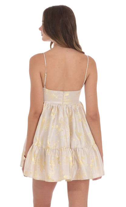 Lucy In The Sky Foiled Bow Babydoll Dress in Champagne