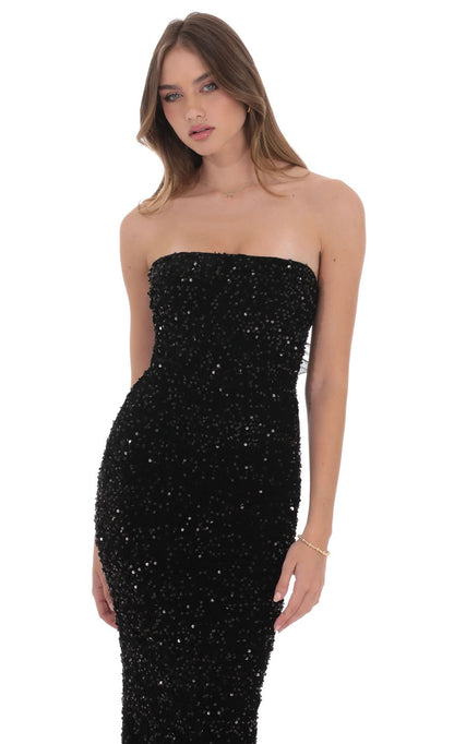 Lucy In The Sky Velvet Sequin Strapless Maxi Dress in Black