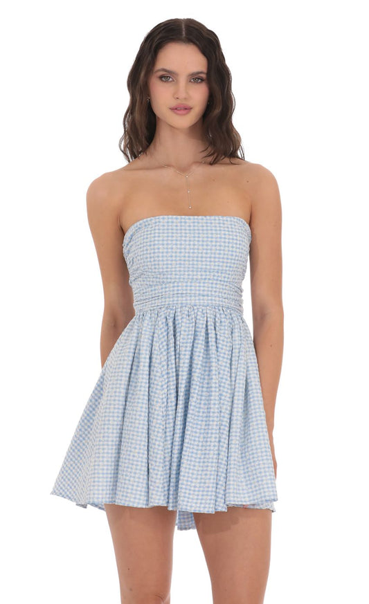Lucy In The Sky Floral Strapless A-line Dress in Gingham Blue