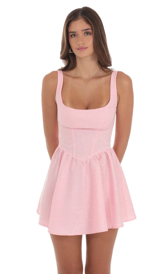 Lucy In The Sky Jacquard Open Back Bow Dress in Pink