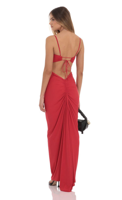 Lucy In The Sky Ruched Open Back Maxi Dress in Red
