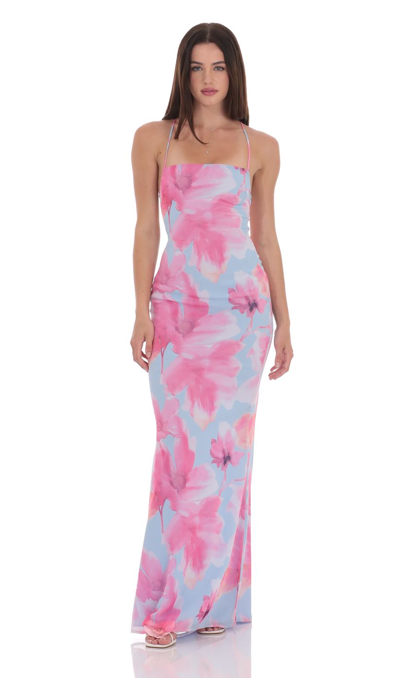 Lucy In The Sky Floral Open Back Maxi Dress in Blue and Pink