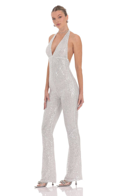 Lucy In The Sky Sequin Halter Jumpsuit in White