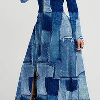 Ursime Denim Print Patchwork Zipper Long Sleeve Maxi Dress