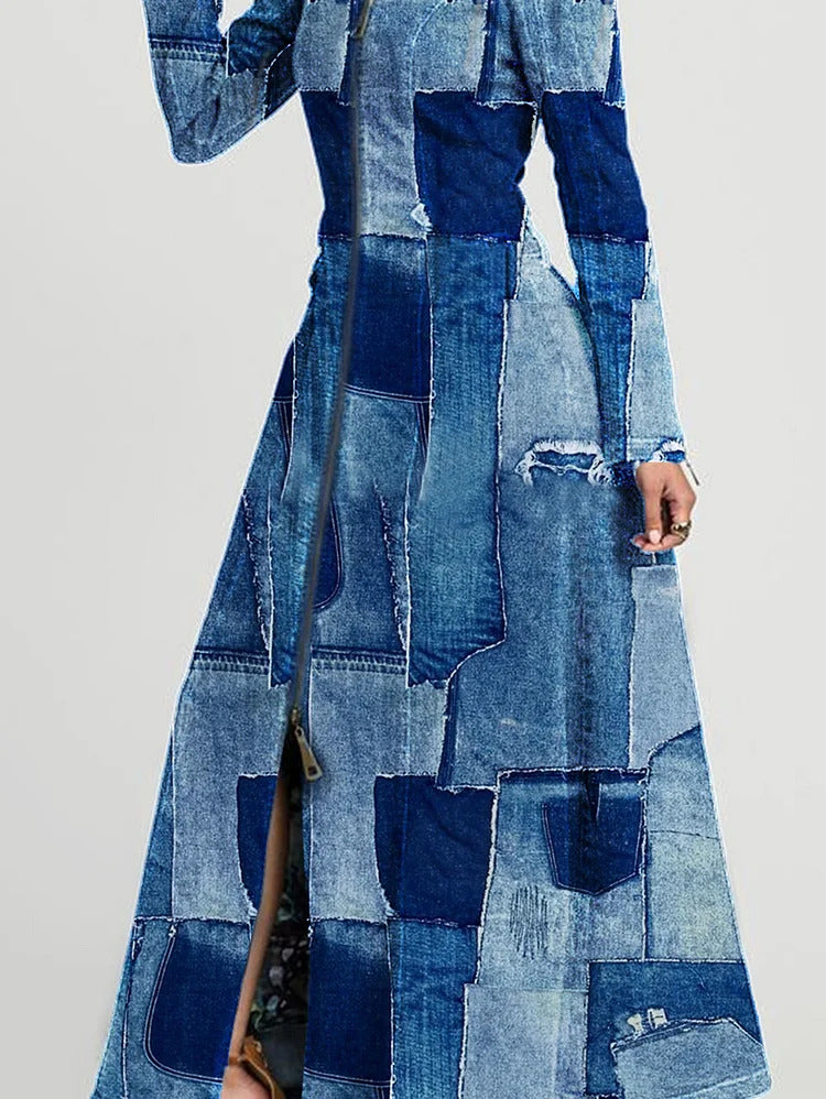 Ursime Denim Print Patchwork Zipper Long Sleeve Maxi Dress