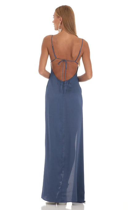 Lucy In The Sky Satin Ruffle Maxi Dress in Blue