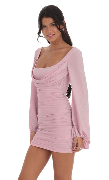 Lucy In The Sky Shimmer Ruched Cowl Neck Dress in Pink