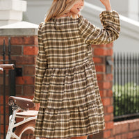 Cupshe Brown Plaid Round Neck Long Sleeve Mini Dress