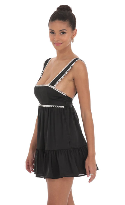Lucy In The Sky Embroidered Trim Babydoll Dress in Black