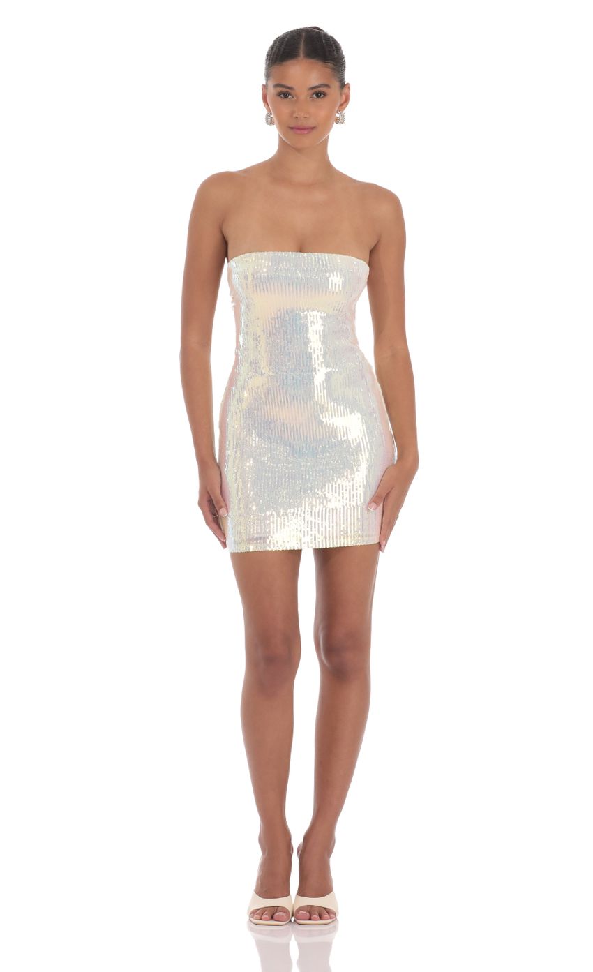 Lucy In The Sky Iridescent Seqiun Strapless Bodycon Dress in Cream