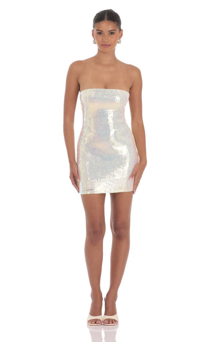 Lucy In The Sky Iridescent Seqiun Strapless Bodycon Dress in Cream