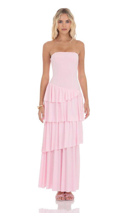Lucy In The Sky Strapless Asymmetrical Ruffle Maxi Dress in Pink