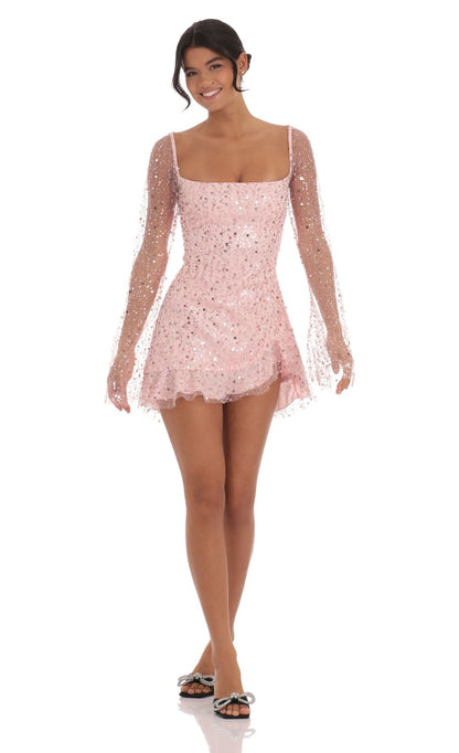 Lucy In The Sky Sequin Flare Long Sleeve Dress in Pink