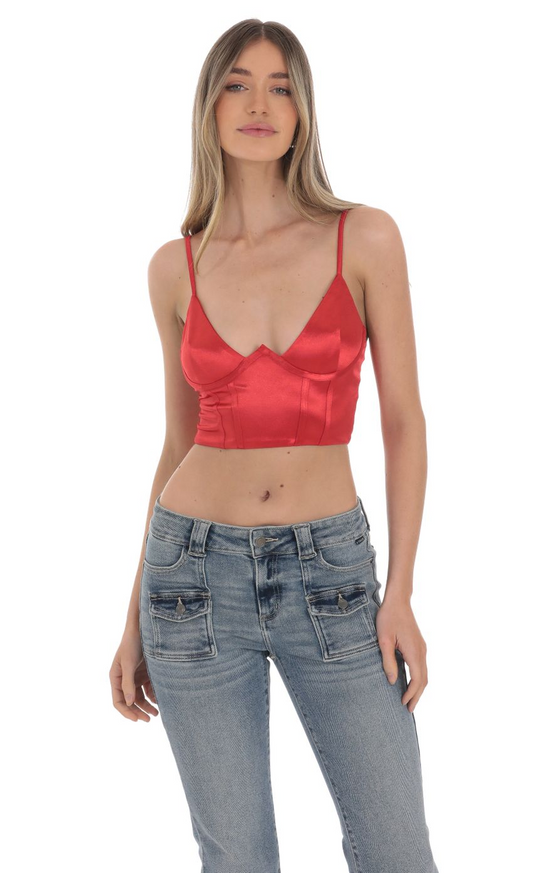 Lucy in the Sky Satin V-Neck Crop Top in Red (x2)