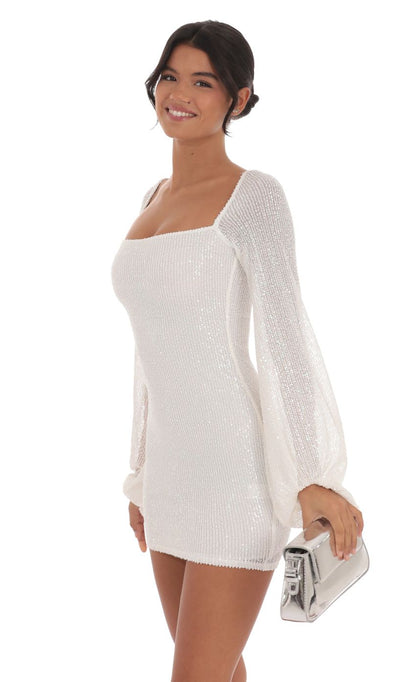 Lucy In The Sky Sequin Balloon Sleeve Dress in White