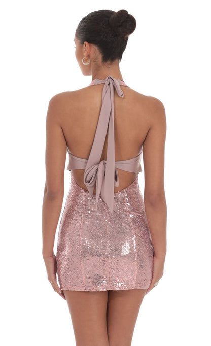 Lucy In The Sky Sequin Halter Bodycon Dress in Rose Gold