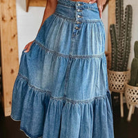 Ursime Boho Denim High Rise Button Tiered Maxi Skirt