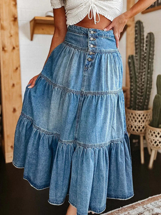 Ursime Boho Denim High Rise Button Tiered Maxi Skirt