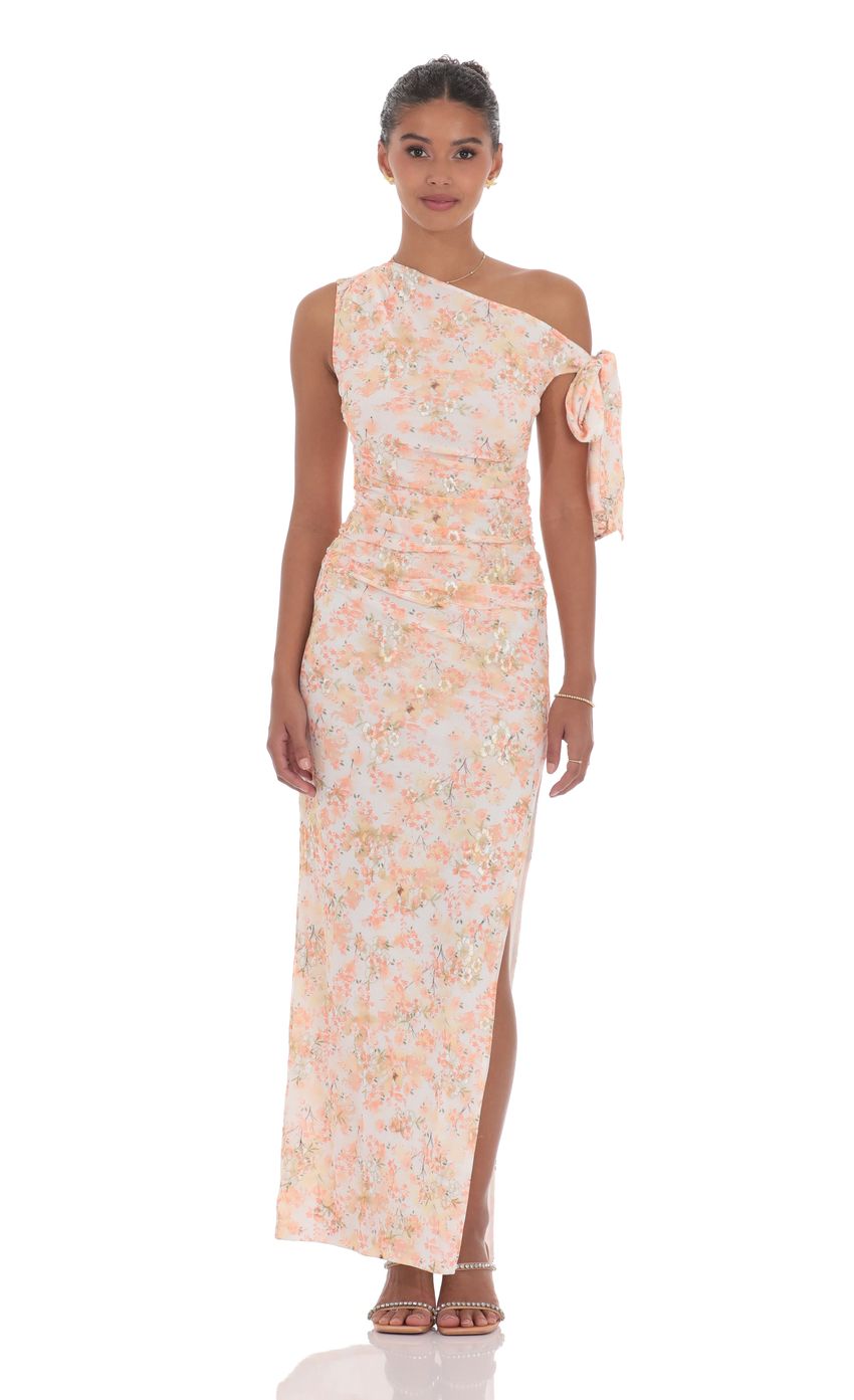 Lucy In The Sky Floral Shimmer Off Shoulder Maxi Dress in Peach