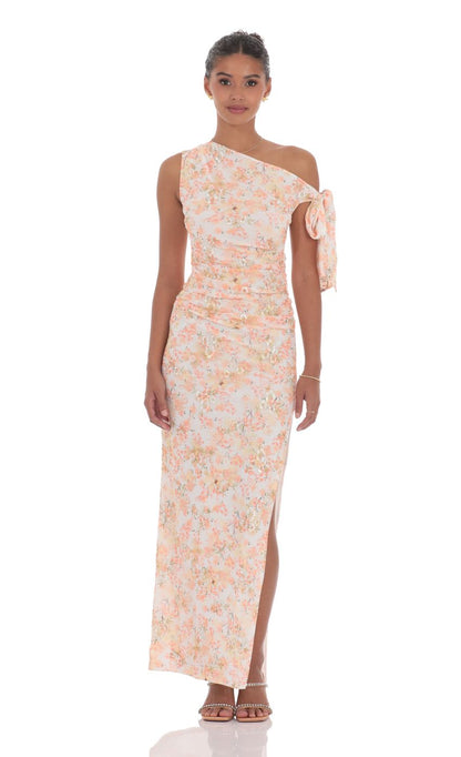 Lucy In The Sky Floral Shimmer Off Shoulder Maxi Dress in Peach