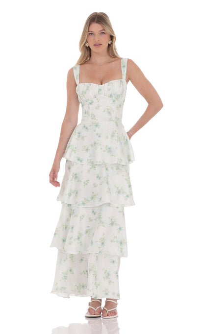 Lucy in the Sky Floral Ruffle Maxi Dress in Pastel Green