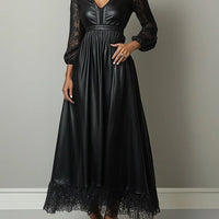 Ursime Lace Lantern Sleeve PU Leather Maxi Dress