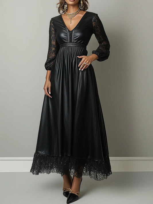 Ursime Lace Lantern Sleeve PU Leather Maxi Dress