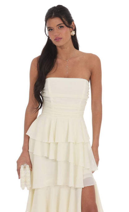 Lucy In The Sky Corset Ruffle Strapless Maxi Dress in Pastel Yellow