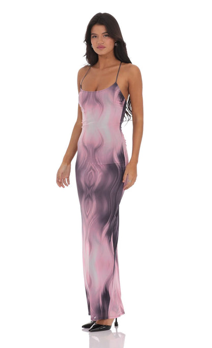 Lucy In The Sky Mesh Print Bodycon Maxi Dress in Pink