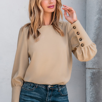 Cupshe Khaki Round Neck Puff Sleeve Back Button Blouse (x2)