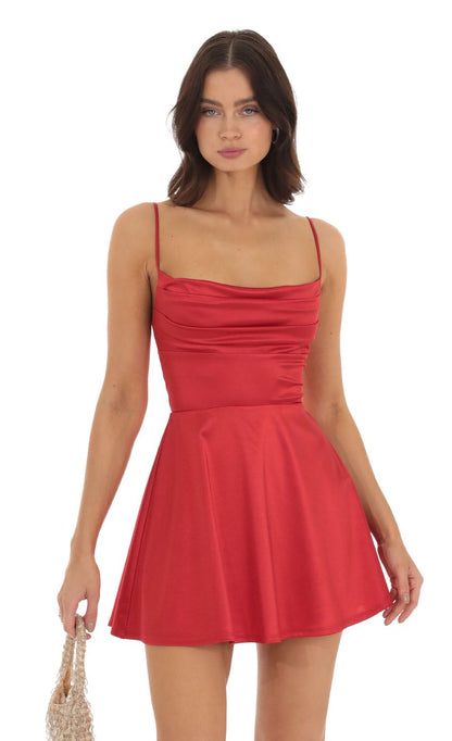 Lucy In The Sky Satin Cowl Neck Dress in Red