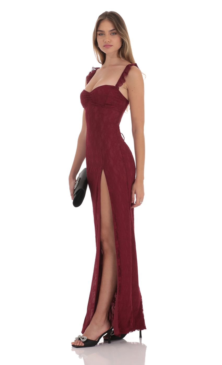 Lucy in the Sky Lace Ruffle Sleeve Maxi Dress in Wine