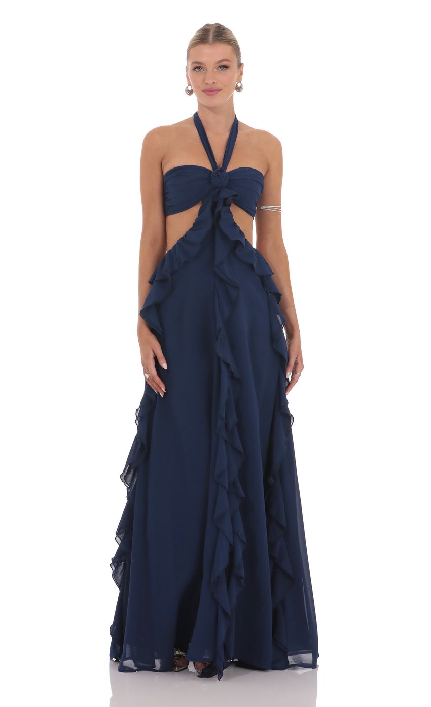 Lucy In The Sky Chiffon Cutout Ruffle Maxi Dress in Navy