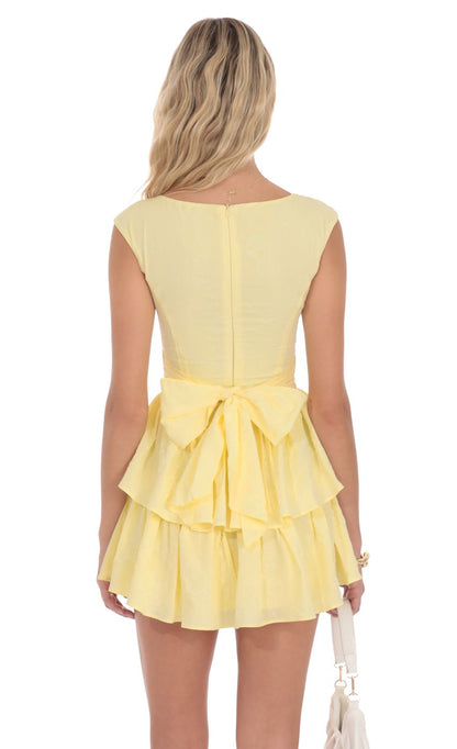 Lucy In The Sky Floral Jacquard Wide Strap Ruffle Dress in Yellow