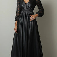 Ursime Lace Lantern Sleeve PU Leather Maxi Dress