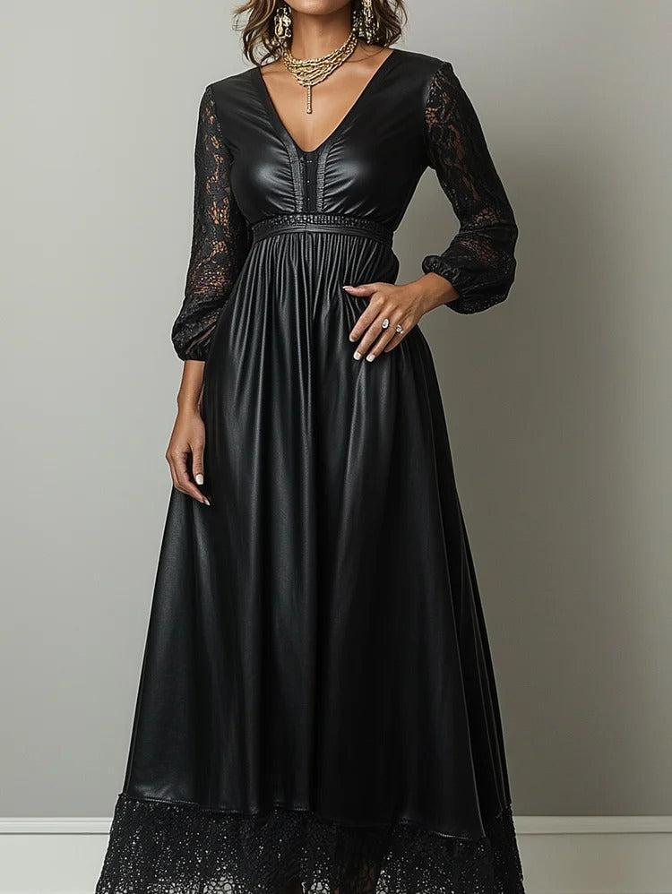 Ursime Lace Lantern Sleeve PU Leather Maxi Dress