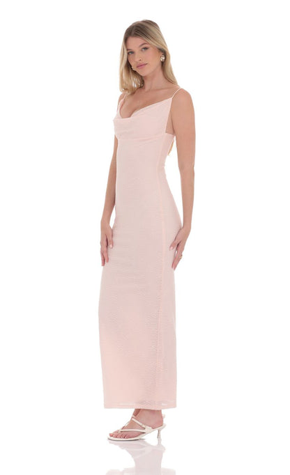 Lucy In The Sky Lace Cowl Neck Maxi Dress in Pink