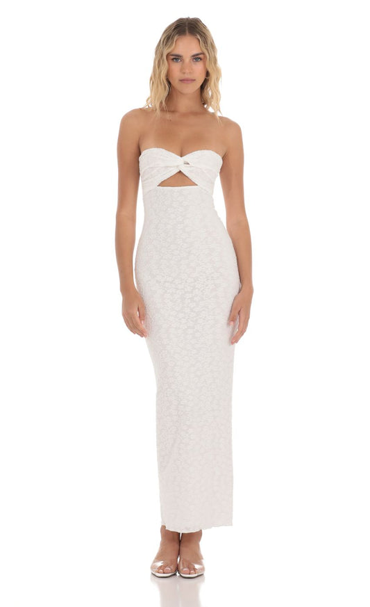 Lucy In The Sky Strapless Textured Floral Twist Maxi Dress in White