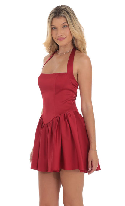 Lucy In The Sky Satin Halter A-line Dress in Red