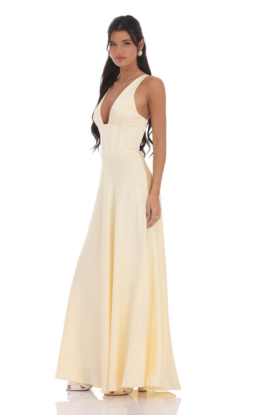Lucy In The Sky Satin Plunge Neck Corset Maxi Dress in Yellow