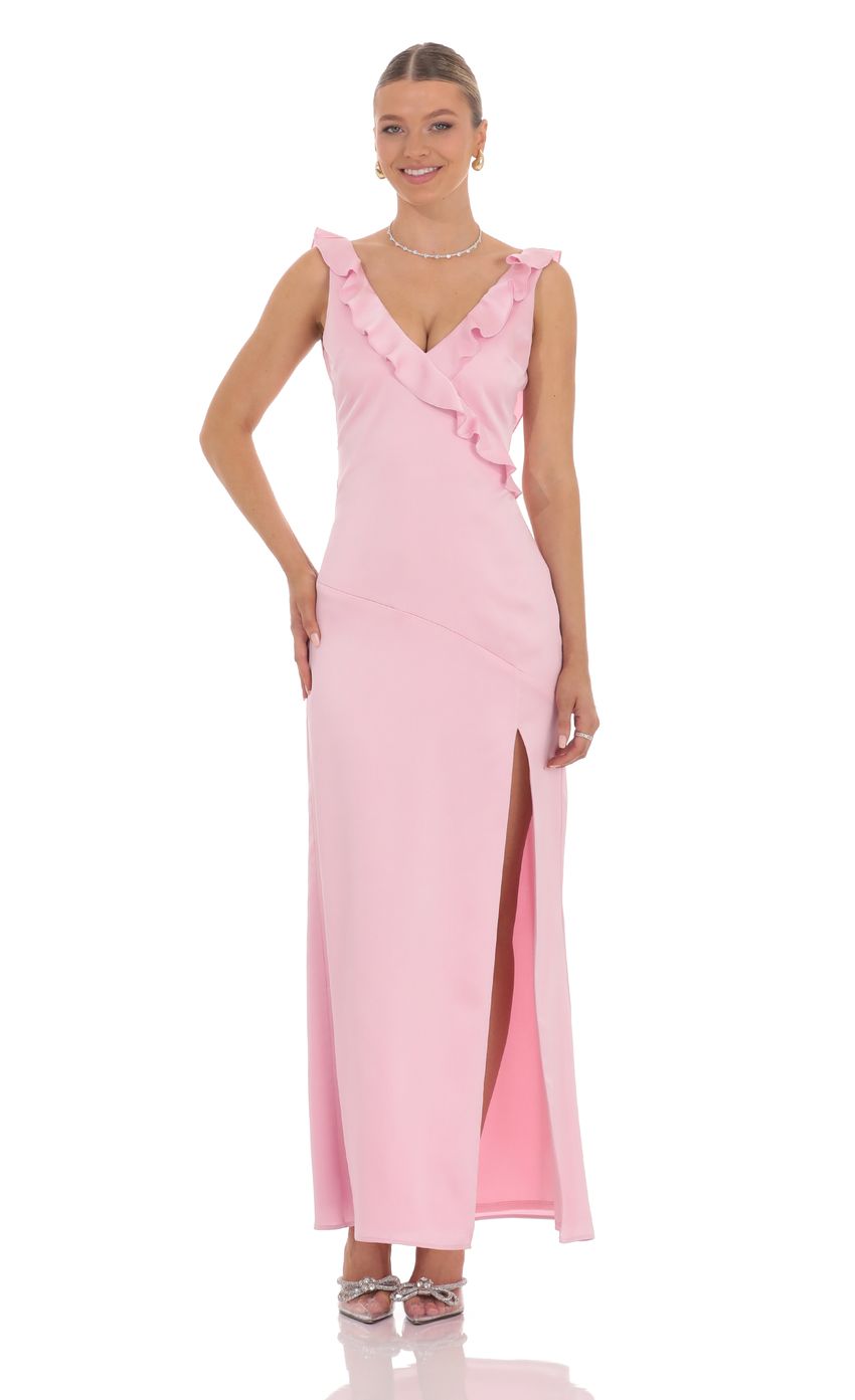 Lucy In The Sky Satin V-Neck Open Back Maxi Dress in Pink