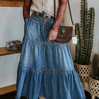 Ursime Boho Denim High Rise Button Tiered Maxi Skirt