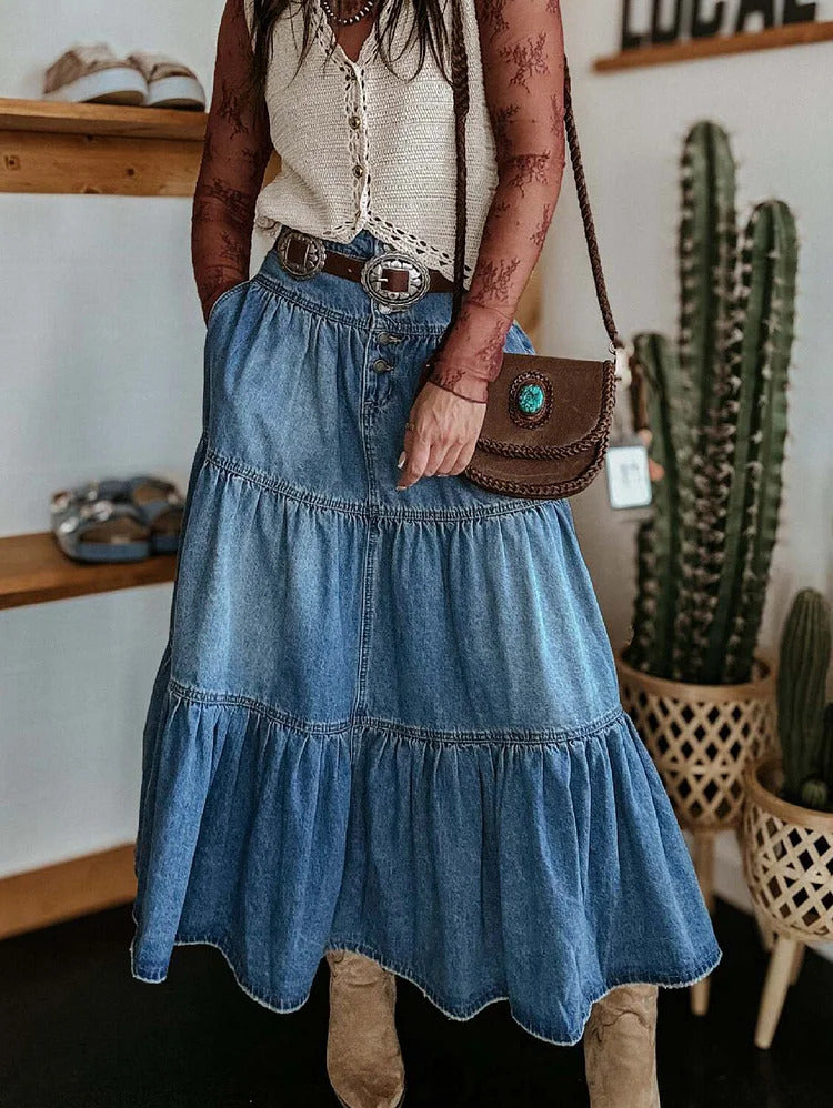 Ursime Boho Denim High Rise Button Tiered Maxi Skirt