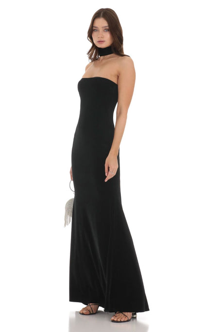 Lucy In The Sky Velvet Reverse Halter Dress in Black