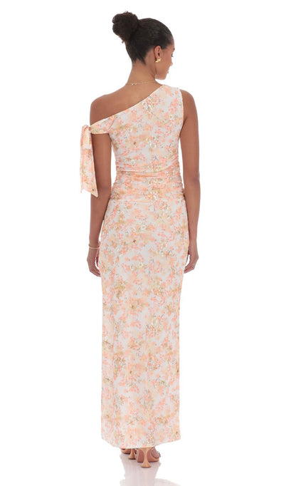 Lucy In The Sky Floral Shimmer Off Shoulder Maxi Dress in Peach