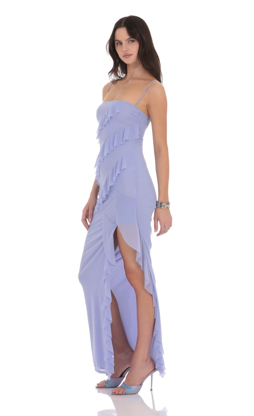 Lucy In The Sky Ruffle Mesh Square Neck Maxi Dress in Periwinkle